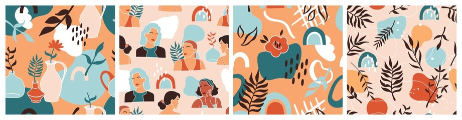 Seamless pattern with abstract shapes, palm leaves and women portrait. Summer background for fabric, wrapping paper, textile, wallpaper and cards.