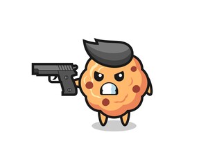 the cute chocolate chip cookie character shoot with a gun