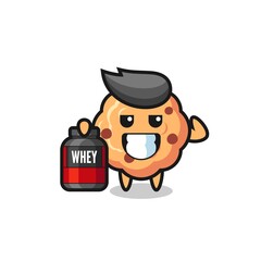 the muscular chocolate chip cookie character is holding a protein supplement