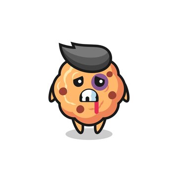 injured chocolate chip cookie character with a bruised face