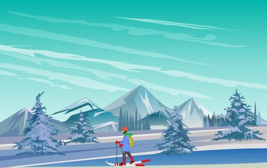 Winter moutains landscape, skier walks, mountains in the horizon, vector landscape