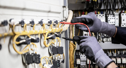 Electrician engineer tests electrical installations and wires on relay protection system....