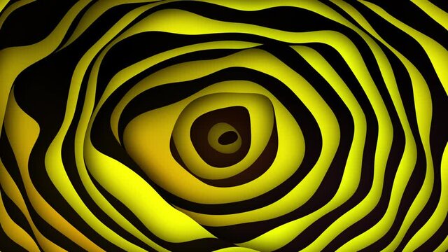 Background animation yellow black brown liquid cartoon abstract radial waves. Wasp bee style op art swirl. Intro, titles, opener, presentation. Seamless loop. Dynamic animation for business or ecology