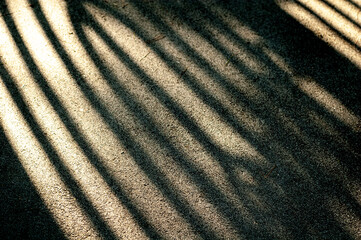 Fototapeta na wymiar Bright sunlight and hard black shadows on the road. Shadow stripes on an asphalt road.