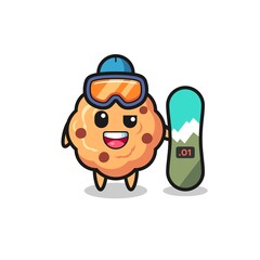 Illustration of chocolate chip cookie character with snowboarding style