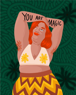 Portrait of a woman in a bikini holding up their arms, with hairy armpits, in confidence. On the arms it says: You are magic. 
