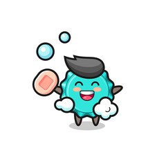 bottle cap character is bathing while holding soap