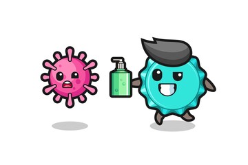 illustration of bottle cap character chasing evil virus with hand sanitizer