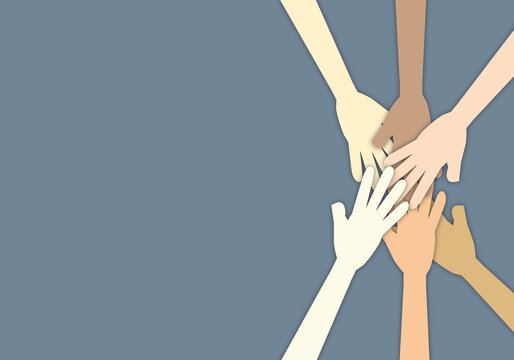 Group of people stacking hands shows unity and teamwork, Group of Diverse, Hands Together Joining Concept. paper cut style.
