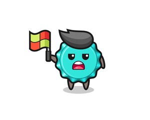 Fototapeta premium bottle cap character as line judge putting the flag up
