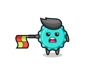 bottle cap character as line judge hold the flag straight horizontally