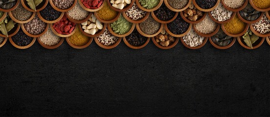 Spices in wooden bowls on a rustic wooden background, copy space