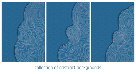 collection of bright blue pattern and light orange lines, japanese abstract waves