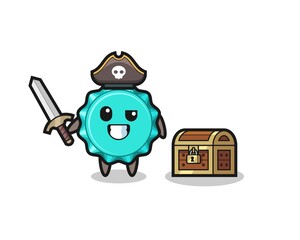 the bottle cap pirate character holding sword beside a treasure box