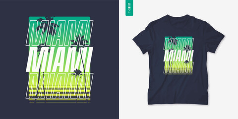 Naklejka premium Miami Florida graphic t-shirt design with palm tress, summer retro print, vector illustration