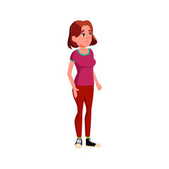 confused caucasian girl searching train on railway station board cartoon vector. confused caucasian girl searching train on railway station board character. isolated flat cartoon illustration