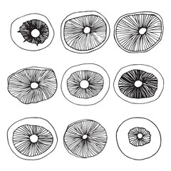 Vector illustration. Black outline sketch. Doodle drawing of mushrooms.