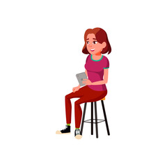lady sitting on chair with tablet cartoon vector. lady sitting on chair with tablet character. isolated flat cartoon illustration