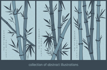 collection of abstract illustration with bamboo in blue palette