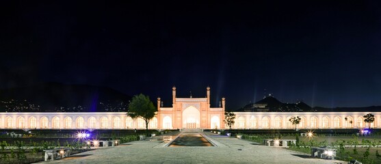 View of Islamic mosque with beautiful lighting at night in Kabul Afghanistan