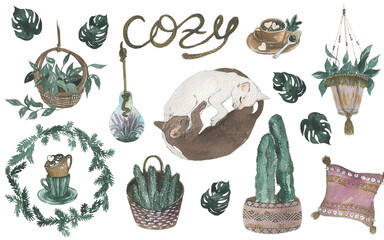 Vintage set of a cozy home in soft light. Scandinavian cozy home decor. Modern living room interior design. Flowers in pots. Beige colors.