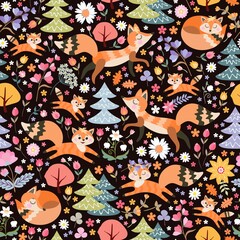 Cute seamless pattern with foxes, flowers and trees. Fairytale forest. Print for fabric. Design for children.