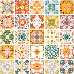 Set of colorful square ceramic tiles with abstract ornaments. Seamless patchwork pattern. Vector design.