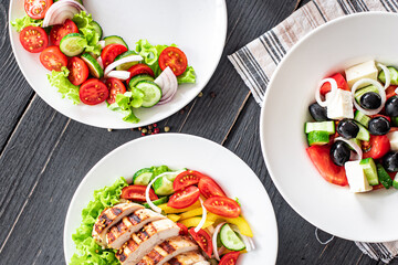 various salads menu page salad appetizer snack vegetable, greek salad, grilled chicken, organic dish on the table healthy meal copy space food background rustic keto or paleo diet 