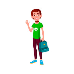 happy boy student with rucksack welcoming lecturer in academy cartoon vector. happy boy student with rucksack welcoming lecturer in academy character. isolated flat cartoon illustration