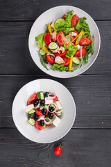 various salads menu page salad appetizer snack vegetable, greek salad, grilled chicken, organic dish on the table healthy meal copy space food background rustic keto or paleo diet 