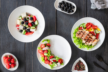 various salads menu page salad appetizer snack vegetable, greek salad, grilled chicken, organic dish on the table healthy meal copy space food background rustic keto or paleo diet 