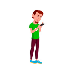 young boy student searching answer in smartphone cartoon vector. young boy student searching answer in smartphone character. isolated flat cartoon illustration