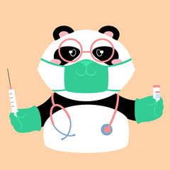Vector illustration of a cute cartoon panda bear in a face mask with a syringe and vial of medicine © foxfinitive