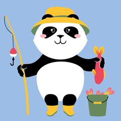 Vector illustration of a cute cartoon panda bear with a fishing rod and a fish © foxfinitive