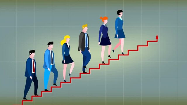 Cartoon group of business people going up the chart graph stairs animation. Business metaphor of progress, success, career advancement, climbing up career ladder or stairs. Seamless loop.