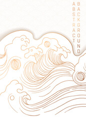 white and gold illustration with stylized waves in japanese style