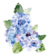 Watercolor dusty blue hydrangea bouquet. Watercolor boho floral border.  Wedding template with blue flowers. Cards for baby shower, mothers day, birtday, bridal shower, wedding
- 438963358