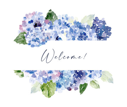 Watercolor dusty blue hydrangea frame. Watercolor boho floral borders.  Wedding template with dusty blue flowers. Cards for baby shower, mothers day, birtday, bridal shower, wedding
