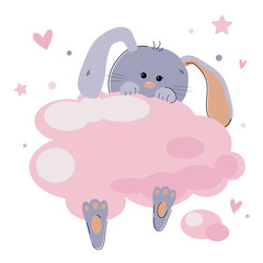 Rabbit on a cloud cute childish vector illustration on a white background