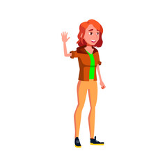 redhead girl waving hand to friend in park cartoon vector. redhead girl waving hand to friend in park character. isolated flat cartoon illustration