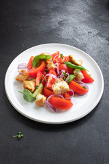 panzanella tomato salad veggie croutons, olive oil, rusk vegetable healthy food meal snack copy space food background keto or paleo diet