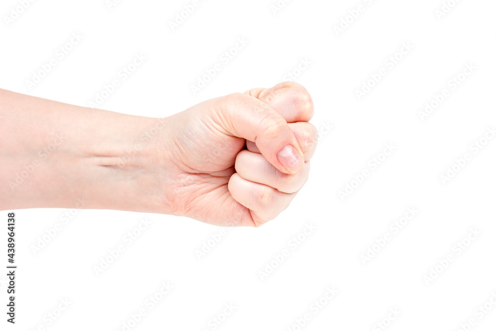 Wall mural Caucasian woman hand with fist isolated on white background. Strength, protest and fight concept.