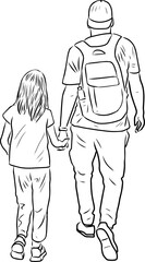 Fototapeta na wymiar Outline drawing of young father with his daughter walking together for a stroll