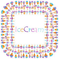 Vector decorative square border from sketches various tasty ice cream