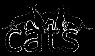 Vector outline drawings of abstract silhouettes domestic cats on the letters