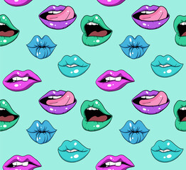 seamless pattern of colored cartoon lips, bright colours