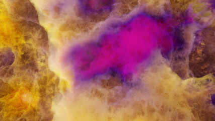 3D rendering of violet-yellow colorful nebula and cosmic gas clusters in deep space.