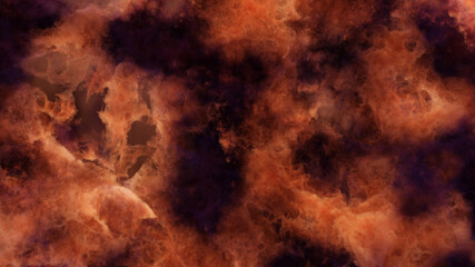 3D rendering of violet-orange colorful nebula and cosmic gas clusters in deep space.