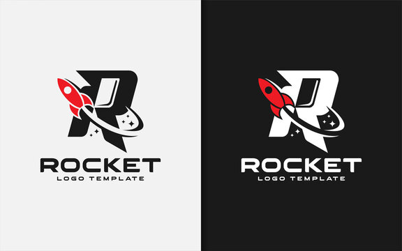 Abstract Initial Letter R Logo Combined with Flying Rocket Silhouette Logo Design.