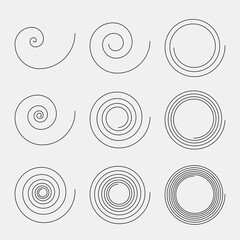 Swirling line creating a coil. Vector set of spirals.